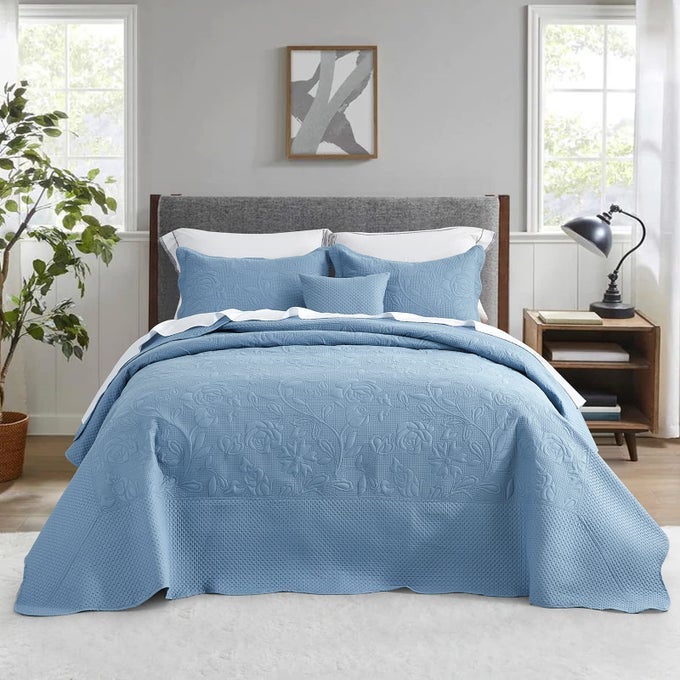 OVERSIZED BEDSPREAD COVERLET SET KING SIZE LIGHTWEIGHT BEDDING COVER ULTRASONIC QUILTING 5 PIECE REVERSIBLE BEDSPREAD VINTAGE ROSE PATTERN KING ASHLEY BLUE