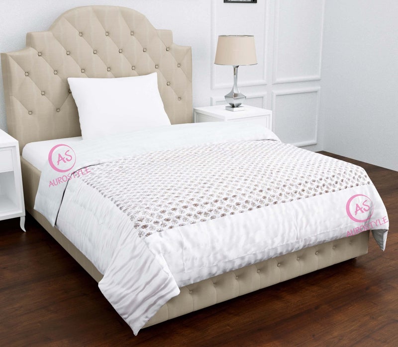 AUROSTYLE Rajasthani Cotton Filled Light Weight Silk Soft Jaipuri AC Quilt/Razai Dohar Over All Floral Print Design with Gold Print Quilts Blankets for Home (85x100 Inch, Double Bed) - Image 2