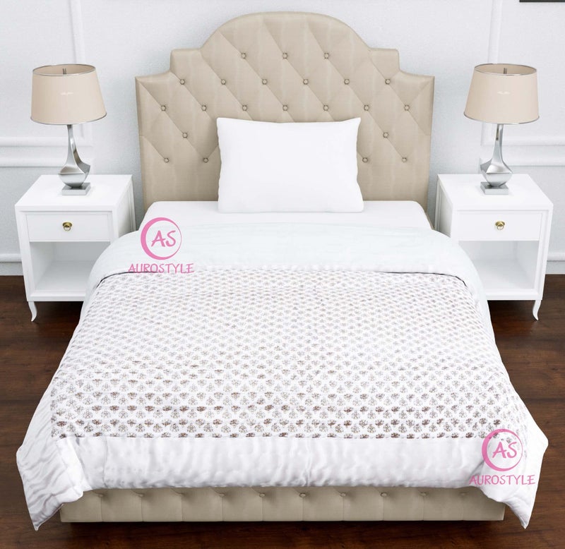 AUROSTYLE Rajasthani Cotton Filled Light Weight Silk Soft Jaipuri AC Quilt/Razai Dohar Over All Floral Print Design with Gold Print Quilts Blankets for Home (85x100 Inch, Double Bed) - Image 3