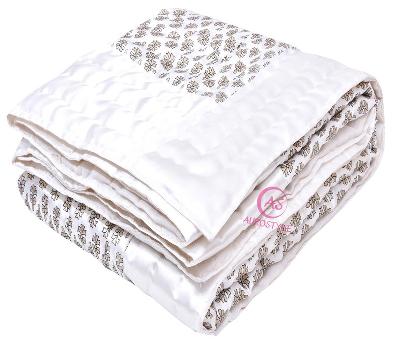 AUROSTYLE Rajasthani Cotton Filled Light Weight Silk Soft Jaipuri AC Quilt/Razai Dohar Over All Floral Print Design with Gold Print Quilts Blankets for Home (85x100 Inch, Double Bed) - Image 1