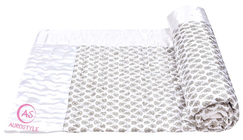 AUROSTYLE Rajasthani Cotton Filled Light Weight Silk Soft Jaipuri AC Quilt/Razai Dohar Over All Floral Print Design with Gold Print Quilts Blankets for Home (85x100 Inch, Double Bed) - Image 5