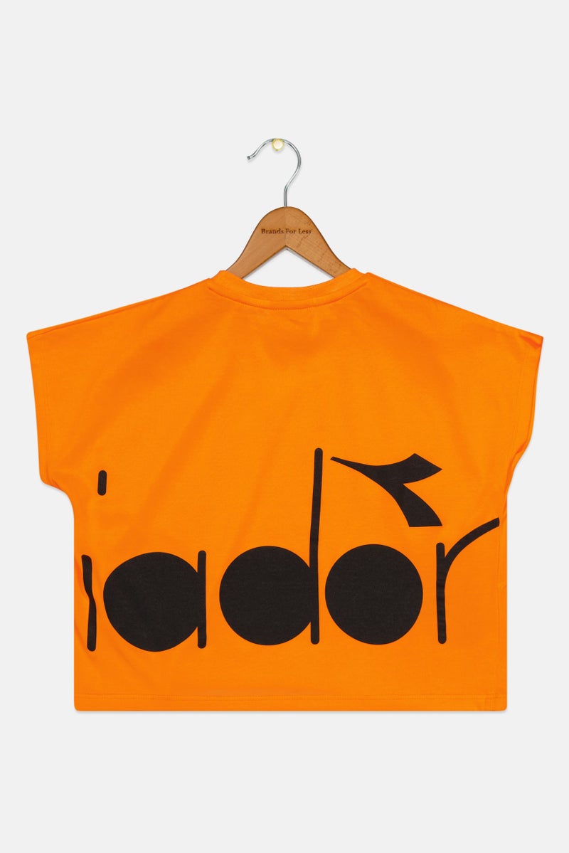 DIADORA Kids Girl Cap Sleeve Brand Logo Tops, Orange Combo - Image 2