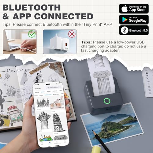 cudinham Print Pods Mini Printer, Sticker Printer with 10 Rolls Thermal Printing Paper, Inkless Pocket Printpod for Phone, Impresora Portátil for Notes, DIY, Compatible with iOS & Android (Grey) - Image 2