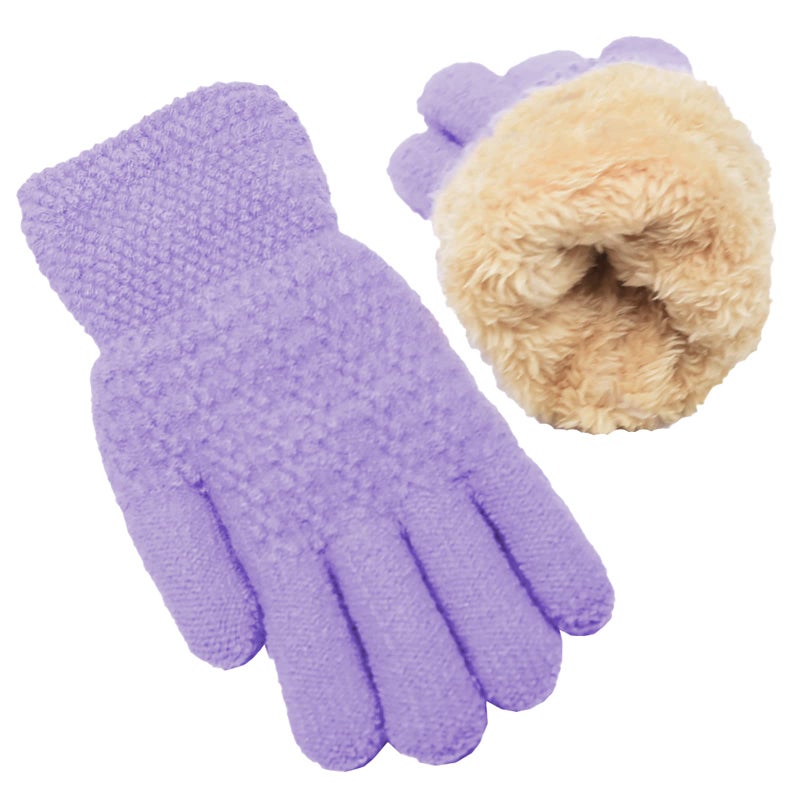 FENELY Winter Gloves for Boys Girls - Kids Warm Knit Thermal Cable Knitted Gloves Purple Wool Fleece Lined Mittens for Cold Weather - Image 1