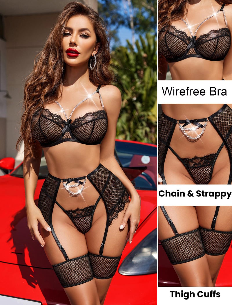 GirlFriend Garter Lingerie Set for Women Net Bikini Lace 4 Piece Sets Chain Bra Lingerie Female Nightgown Babydoll with Panty Garter Belt and Leg Belts Black - Image 2