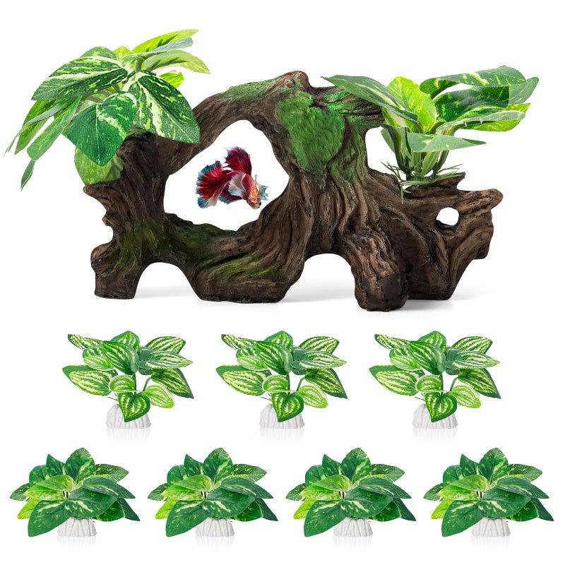 Xereooe 8 Pcs Driftwood Cave Aquarium Decor Decor Silk Aquarium Plants Leaves are Soft and Safe for Aquarium Decoration and Fish Tank Decoration - Image 2
