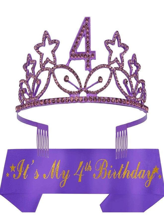 MEANT2TOBE 4th Birthday Sash and Tiara for Girls - Fabulous Glitter Sash + Stars Rhinestone Purple Premium Metal Tiara for Girls, 4th Birthday Gifts for Princess Party - Image 1