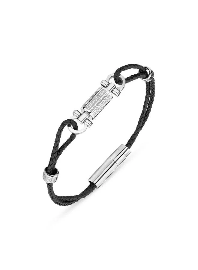 CERRUTI 1881 Sistine Silver Stainless Steel and Black Leather Bracelet for Men