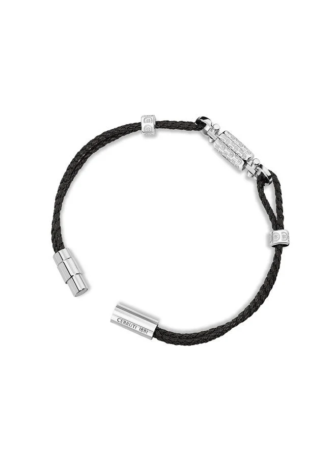 CERRUTI 1881 Sistine Silver Stainless Steel and Black Leather Bracelet for Men