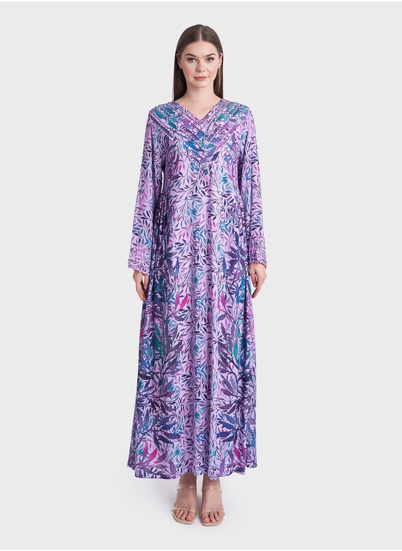 كشخة Leaves Print Rayon Crochet Work Kuwaiti Jalabiya