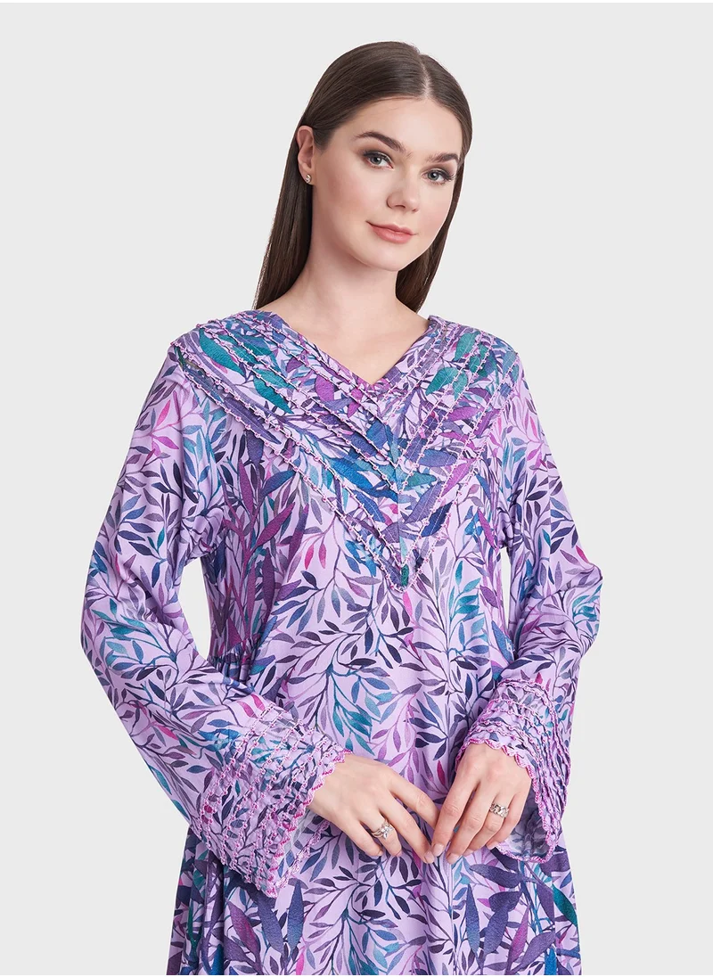 كشخة Leaves Print Rayon Crochet Work Kuwaiti Jalabiya