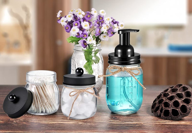 SheeChung Mason Jar Foaming Soap Dispenser-Rustproof Stainless Steel Lid & Foaming Soap Pump, Refill Foam Hand Soap Dispenser Glass for Bathroom Kitchen Vanities, Countertops-Black (2 pk) - Image 5