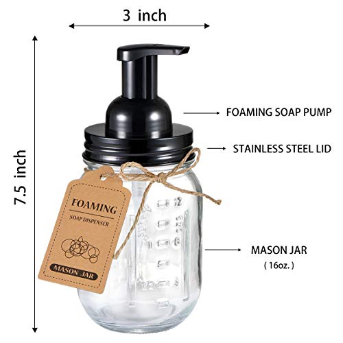 SheeChung Mason Jar Foaming Soap Dispenser-Rustproof Stainless Steel Lid & Foaming Soap Pump, Refill Foam Hand Soap Dispenser Glass for Bathroom Kitchen Vanities, Countertops-Black (2 pk) - Image 4