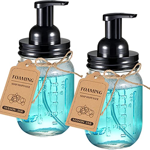 SheeChung Mason Jar Foaming Soap Dispenser-Rustproof Stainless Steel Lid & Foaming Soap Pump, Refill Foam Hand Soap Dispenser Glass for Bathroom Kitchen Vanities, Countertops-Black (2 pk) - Image 2