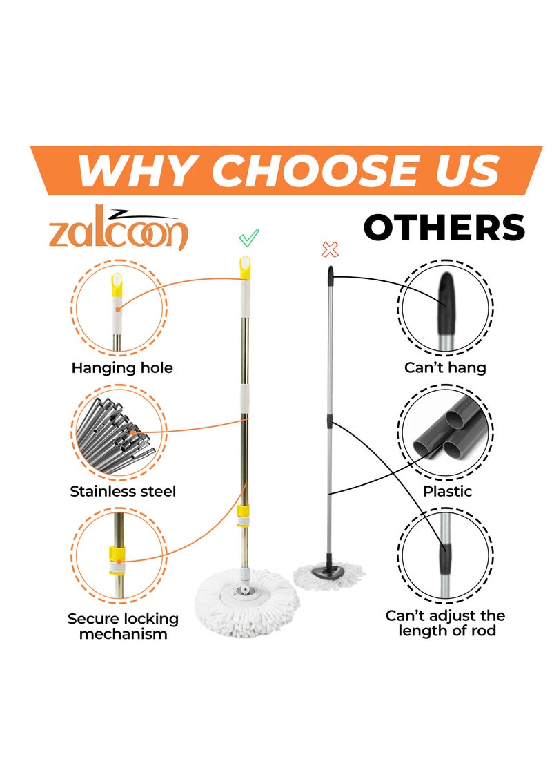Zalcoon - Spin Mop and Bucket with Wringer Set, Telescopic Handle for Floor Cleaning, 360° Spinning Mop Bucket with Extra Mop handle&Base, 4 Microfiber Mop Pads and One Scrub Brush (Grey) - Image 1