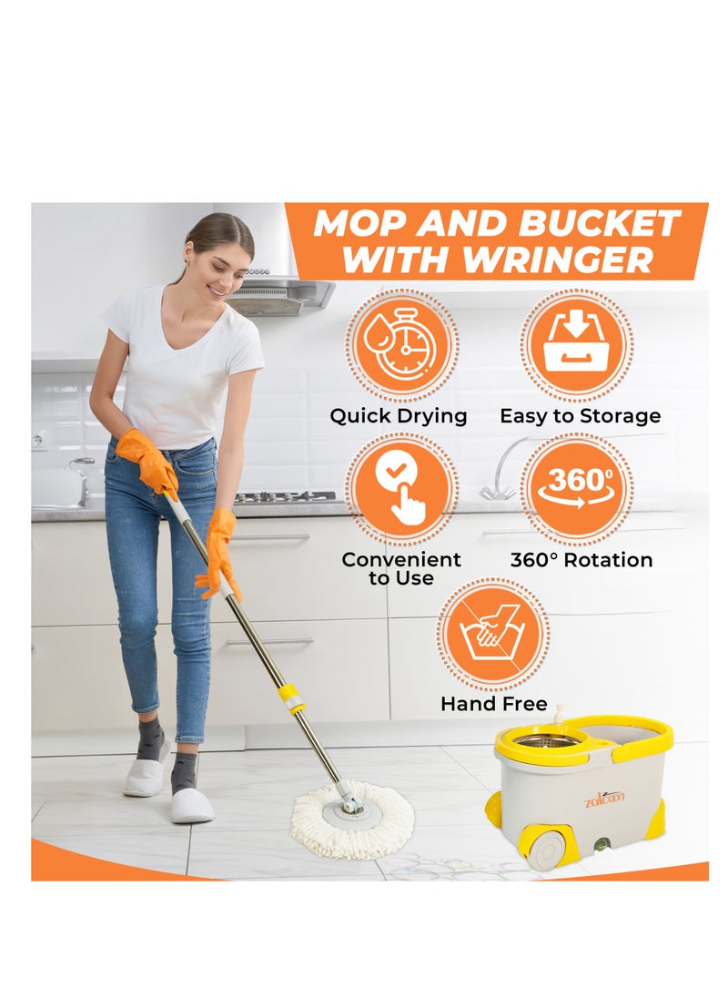 Zalcoon - Spin Mop and Bucket with Wringer Set, Telescopic Handle for Floor Cleaning, 360° Spinning Mop Bucket with Extra Mop handle&Base, 4 Microfiber Mop Pads and One Scrub Brush (Grey) - Image 1