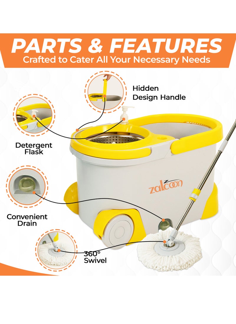 Zalcoon - Spin Mop and Bucket with Wringer Set, Telescopic Handle for Floor Cleaning, 360° Spinning Mop Bucket with Extra Mop handle&Base, 4 Microfiber Mop Pads and One Scrub Brush (Grey) - Image 1