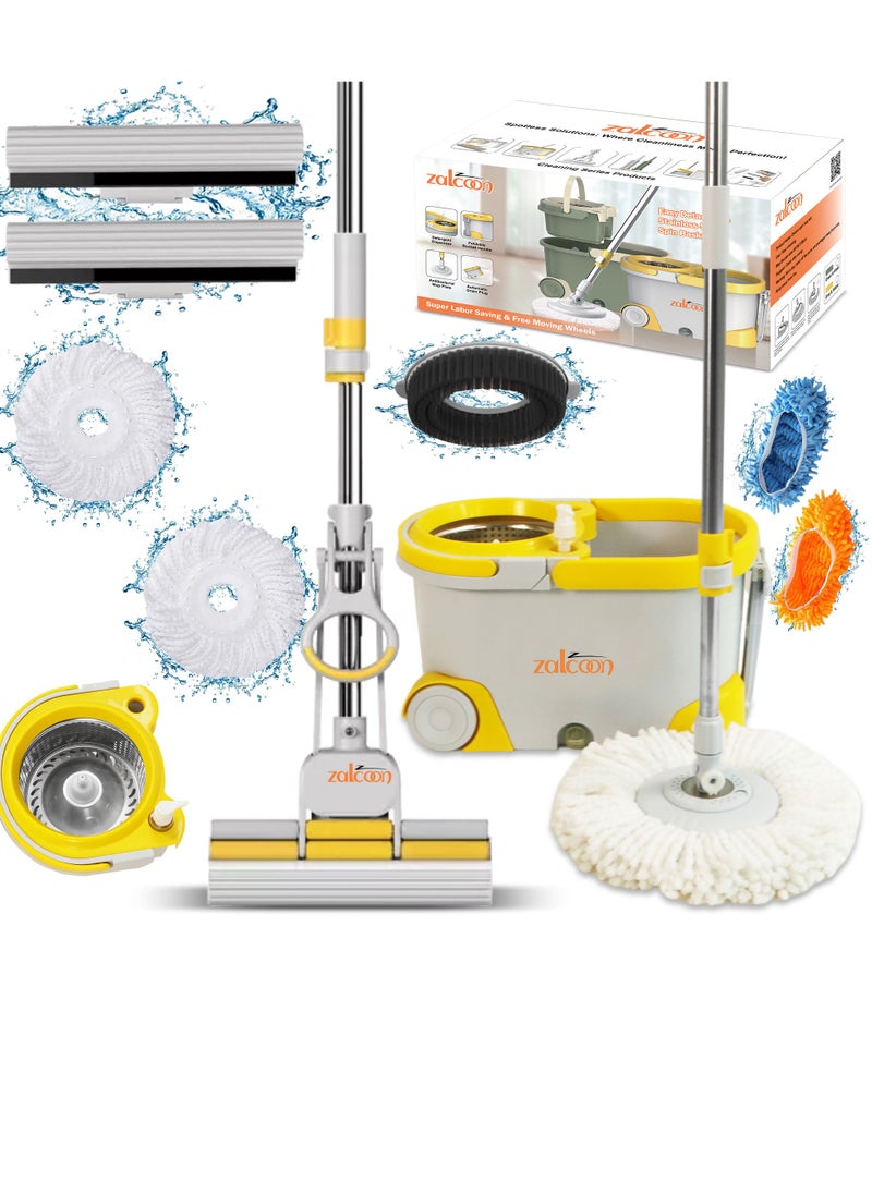 Zalcoon - Spin Mop and Bucket with Wringer Set, Telescopic Handle for Floor Cleaning, 360° Spinning Mop Bucket with Extra Mop handle&Base, 4 Microfiber Mop Pads and One Scrub Brush (Grey) - Image 1