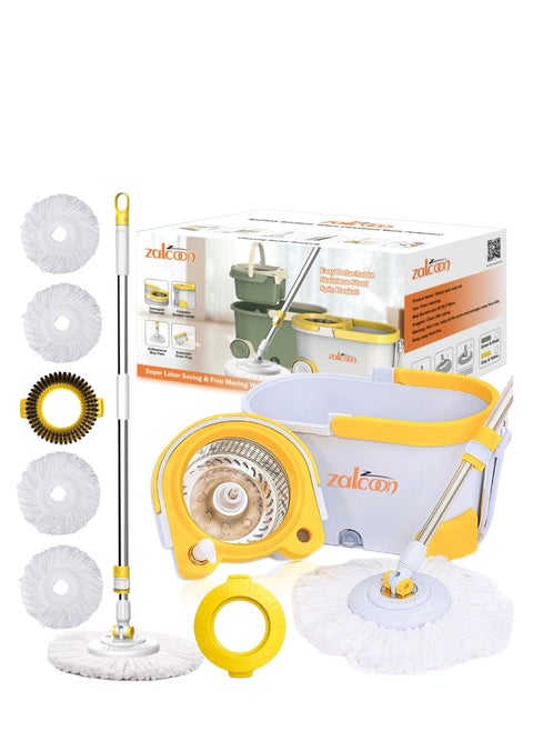 Spin Mop and Bucket with Wringer Set, Telescopic Handle for Floor Cleaning, 360° Spinning Mop Bucket with Extra Mop handle&Base, 4 Microfiber Mop Pads and One Scrub Brush (Grey)