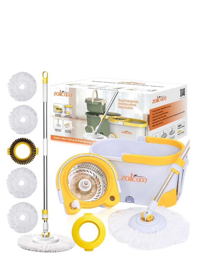 Zalcoon Spin Mop and Bucket with Wringer Set, Telescopic Handle for Floor Cleaning, 360° Spinning Mop Bucket with Extra Mop handle&Base, 4 Microfiber Mop Pads and One Scrub Brush (Grey)  - Image 1
