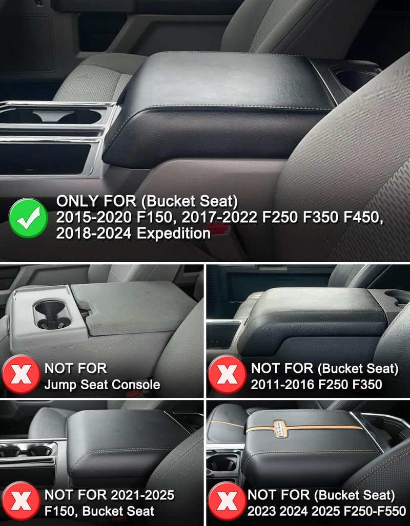KBH Center Console Armrest Cover for 2015-2020 Ford F150, 2017-2022 F250 F350 F450 F550, 2018-2024 Expedition, Bucket Seat, PU Leather Cushion Thick Pad, Anti-Scratch, Black (Not for Other Years) - Image 2
