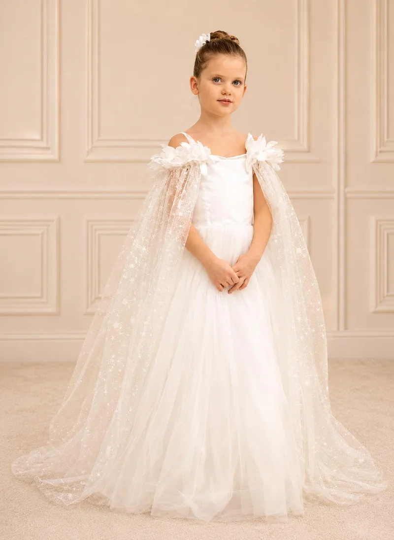 Via Bambino Ivory Floral Cape Shimmer Tulle Gown 5660