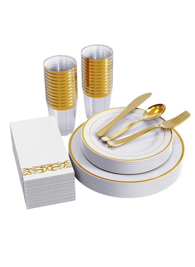 FOCUSLINE 175 Piece Gold Dinnerware Set 25 Guest-50 Gold Rim Plastic Plates-25 Gold Plastic Silverware-25 Gold Plastic Cups-25 Linen Like Gold Paper Napkins, Disposable Dinnerware Set - Image 1
