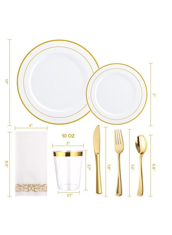 FOCUSLINE 175 Piece Gold Dinnerware Set 25 Guest-50 Gold Rim Plastic Plates-25 Gold Plastic Silverware-25 Gold Plastic Cups-25 Linen Like Gold Paper Napkins, Disposable Dinnerware Set - Image 2