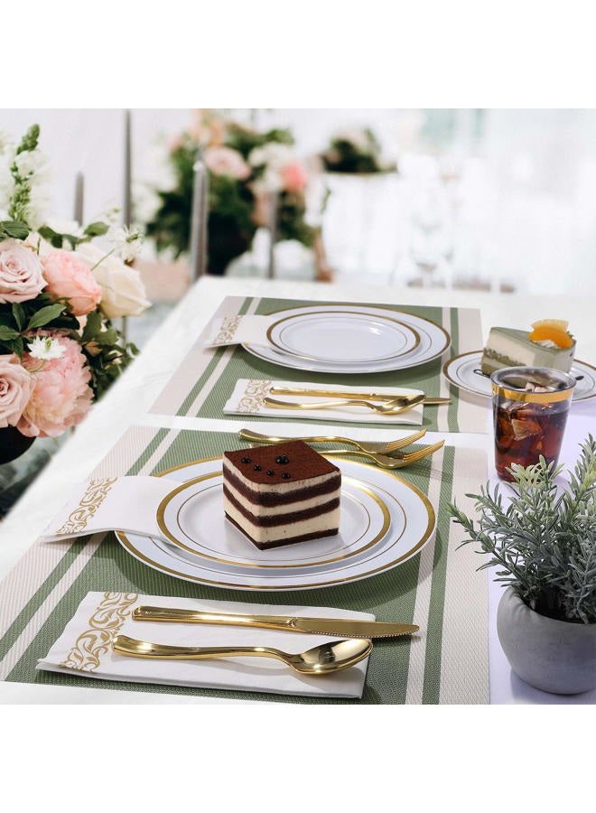FOCUSLINE 175 Piece Gold Dinnerware Set 25 Guest-50 Gold Rim Plastic Plates-25 Gold Plastic Silverware-25 Gold Plastic Cups-25 Linen Like Gold Paper Napkins, Disposable Dinnerware Set - Image 5