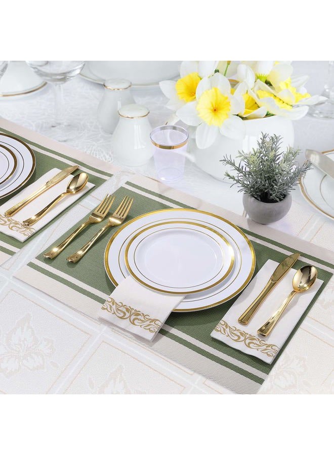 FOCUSLINE 175 Piece Gold Dinnerware Set 25 Guest-50 Gold Rim Plastic Plates-25 Gold Plastic Silverware-25 Gold Plastic Cups-25 Linen Like Gold Paper Napkins, Disposable Dinnerware Set - Image 4