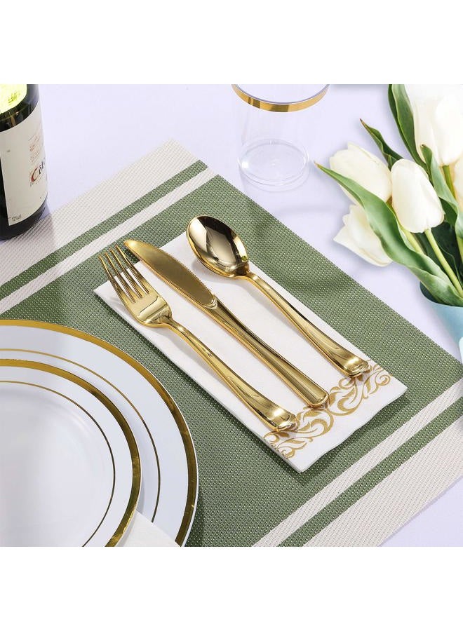 FOCUSLINE 175 Piece Gold Dinnerware Set 25 Guest-50 Gold Rim Plastic Plates-25 Gold Plastic Silverware-25 Gold Plastic Cups-25 Linen Like Gold Paper Napkins, Disposable Dinnerware Set - Image 3