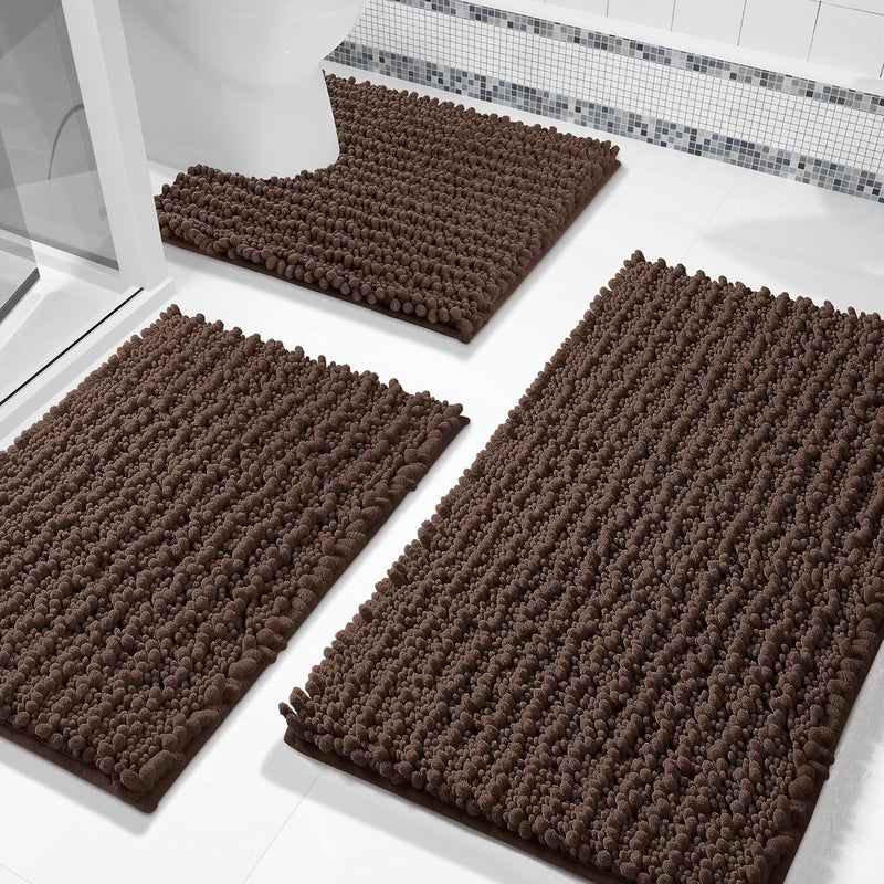 Yimobra Brown Bathroom Rug Set 3 Piece - Super Absorbent Quick Dry Chenille Bath Mats & Toilet Rug, Non Slip Machine Washable, Extra Thick Shaggy Floor Mat for Shower Tub Sink - Image 1
