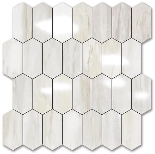 Vamos Tile بلاط فاموس طويل سداسي قابل للإزالة واللصق - 10 أوراق بلاط لاصق للخلفية للمطبخ والحمام 12.4 × 12 بوصة بتصميم خشبي لامع من PVC لاصق ذاتي الموزاييك - Image 1