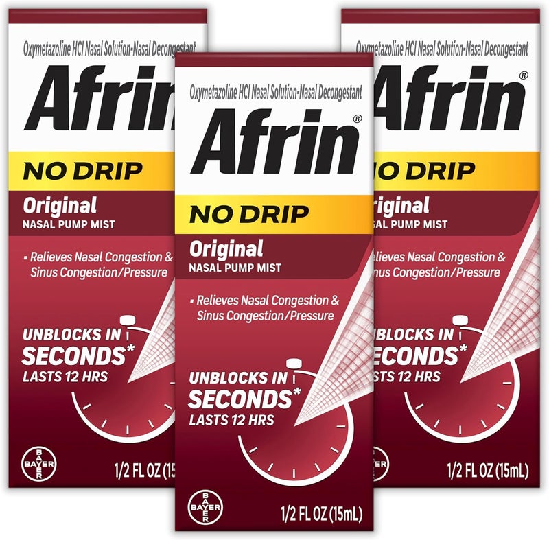 AFRIN No Drip Original Nasal Mist Triple Pack, Non-Drowsy, Fast-Acting Decongestant for Nasal Congestion and Sinus Pressure Relief, Adults and Children 6 and Older, .5 fl oz (Pack of 3)