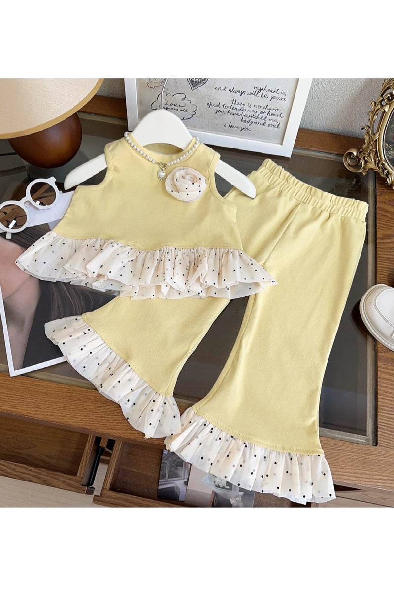 1-2Y Baby Girls Toddler Girls Summer Tank Top & Pants Set, Polka Dot Ruffle Design, Flower Detail, Soft Cotton Fabric, Perfect for Daily Wear, Streetwear, Mall Outfits & Special Occasions, Suitable for Height 90cm  - Image 1