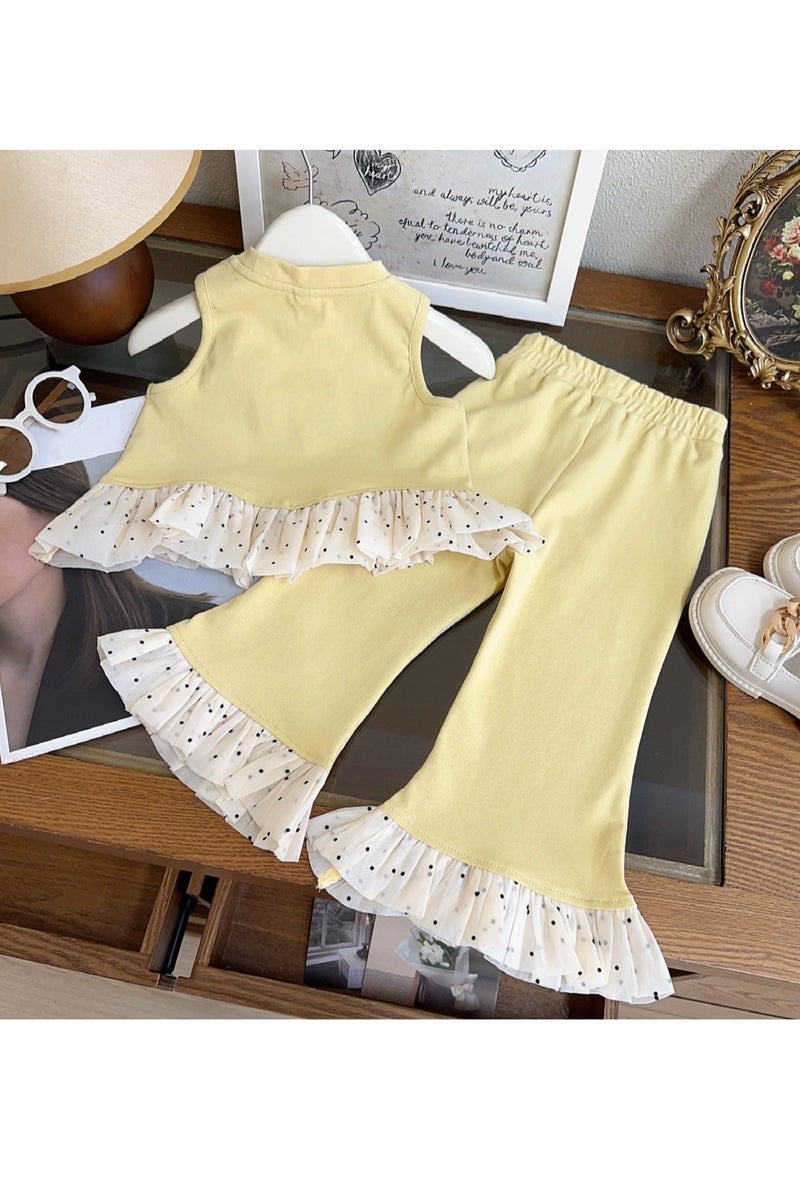 1-2Y Baby Girls Toddler Girls Summer Tank Top & Pants Set, Polka Dot Ruffle Design, Flower Detail, Soft Cotton Fabric, Perfect for Daily Wear, Streetwear, Mall Outfits & Special Occasions, Suitable for Height 90cm  - Image 2