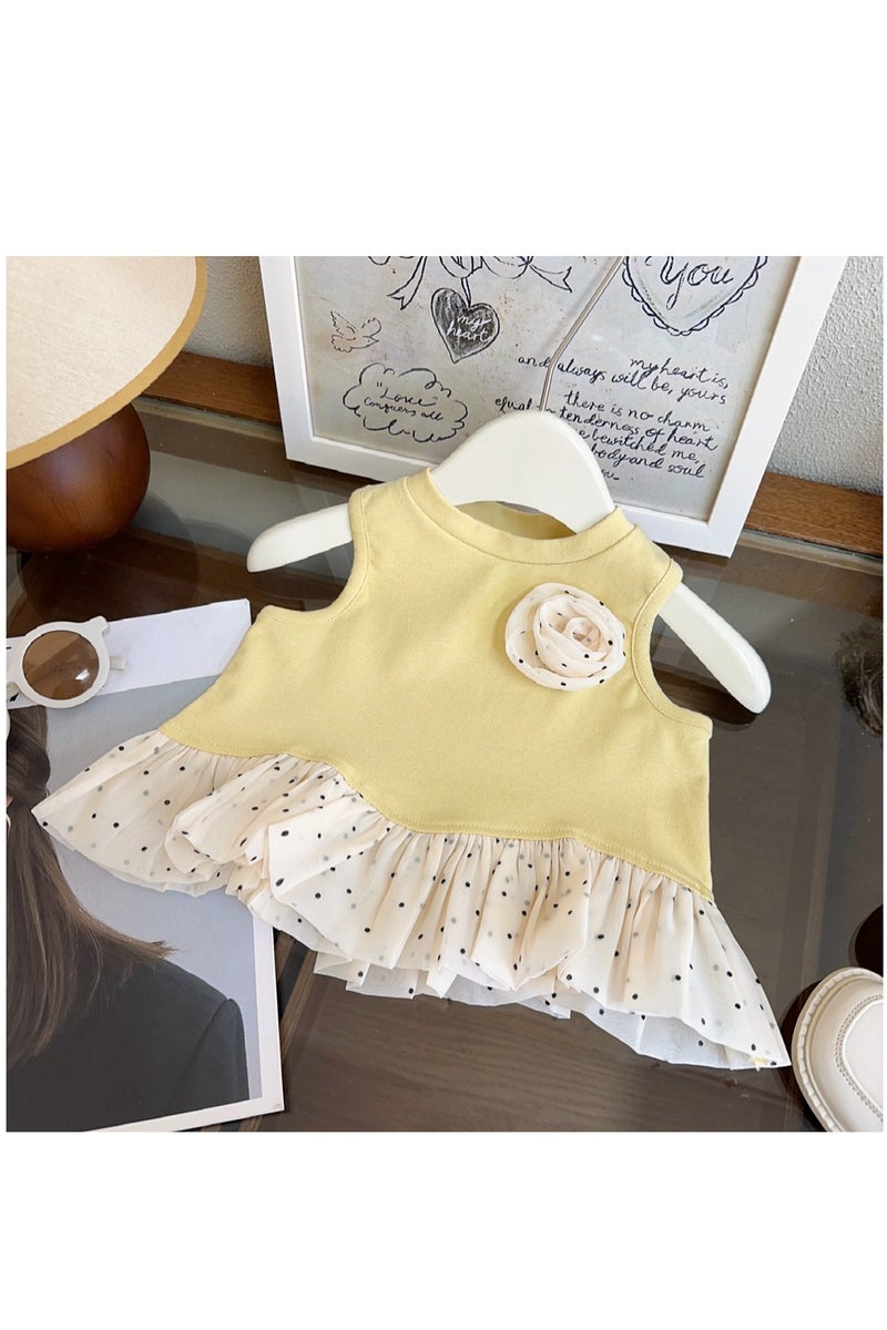 1-2Y Baby Girls Toddler Girls Summer Tank Top & Pants Set, Polka Dot Ruffle Design, Flower Detail, Soft Cotton Fabric, Perfect for Daily Wear, Streetwear, Mall Outfits & Special Occasions, Suitable for Height 90cm  - Image 3