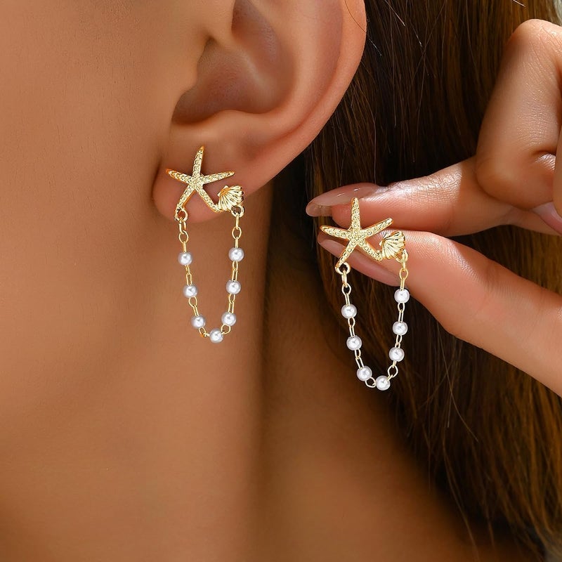 Nanafast Starfish Earrings for Women Pearl Drop Seashell Earrings, Tropical Beach Ocean Dangle, Summer Vacation Beach Jewelry Gifts-gold - Image 2