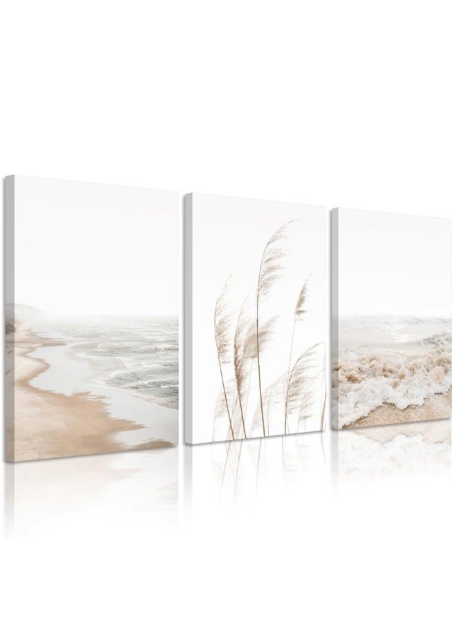 Joocrise Beach Wall Art Boho Prints Coastal Canvas Wall Art Beach Pictures Pampas Grass Ocean Poster Plant Landscape Beach Scene Artwork for Living Room Bedroom Decor 16x24x3 Inch Wrapped Canvas - Image 1