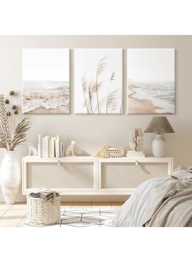 Joocrise Beach Wall Art Boho Prints Coastal Canvas Wall Art Beach Pictures Pampas Grass Ocean Poster Plant Landscape Beach Scene Artwork for Living Room Bedroom Decor 16x24x3 Inch Wrapped Canvas - Image 3