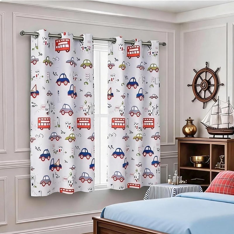 MYRU Absolutely Blackout Curtains for Kids Room,2 Layers Lined Curtains for Boys Girls Room,Set of 2 (Cartoon Car, 39 Inches by 63 Inches) - Image 1