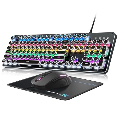 Taiahiro Typewriter Mechanical Gaming Keyboard and Mouse, Metal Panel Retro Keyboards with Round Keycap Blue Switch, Rainbow LED Backlit 104-Key Anti-Ghost Wired Mouse and Pad Combo for PC Laptop Mac Gamer - Image 1