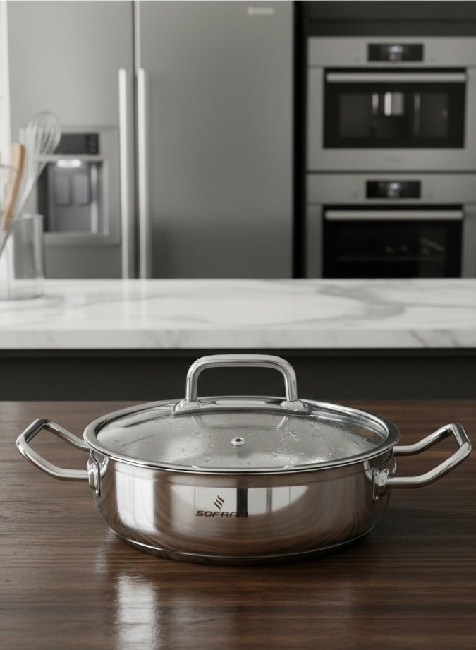 سوفرام قدر طبخ منخفض سوفرام استيل تركي غطاء زجاج مقاس 28 سم - Image 1