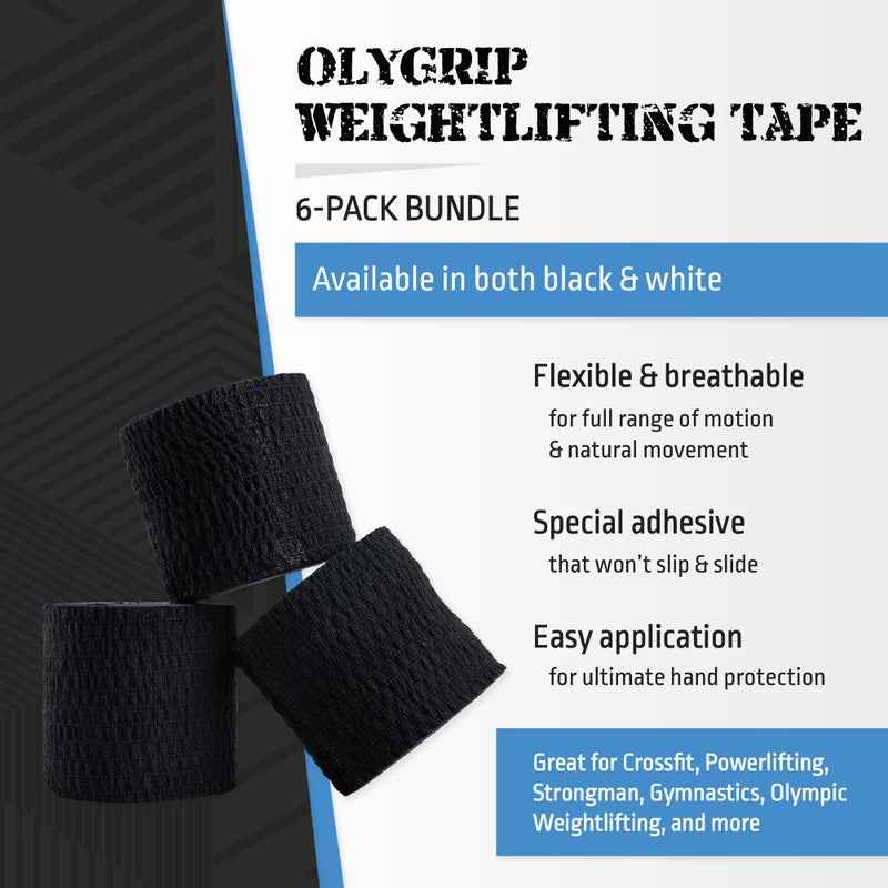 OLY GRIP شريط أولي جريب لرفع الأثقال، شريط رياضي مرن للاستخدام على المعصم واليد، 6 لفات، أسود - Image 2