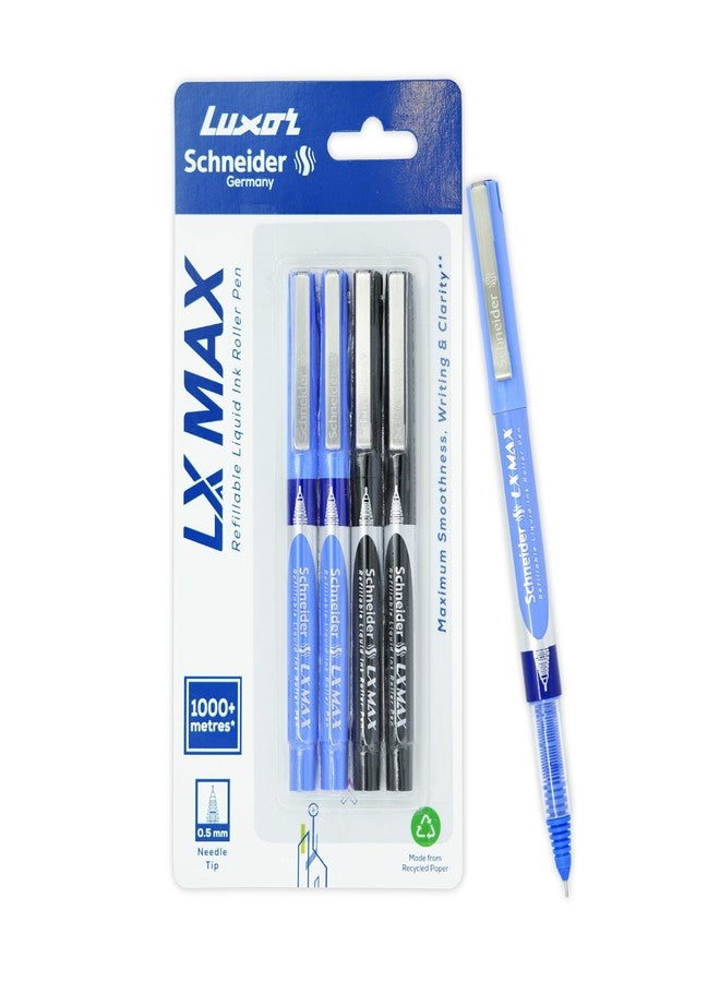 الأقصر قلم حبر جاف لوكسور شنايدر LX MAX، عبوة من 4 أقلام، 2 أزرق + 2 أسود، رأس إبرة، 0.5 مم، تكنولوجيا ألمانية 100%، طول كتابة يزيد عن 1000 متر، حبر مقاوم للماء، مثالي للطلاب والمهنيين - Image 1