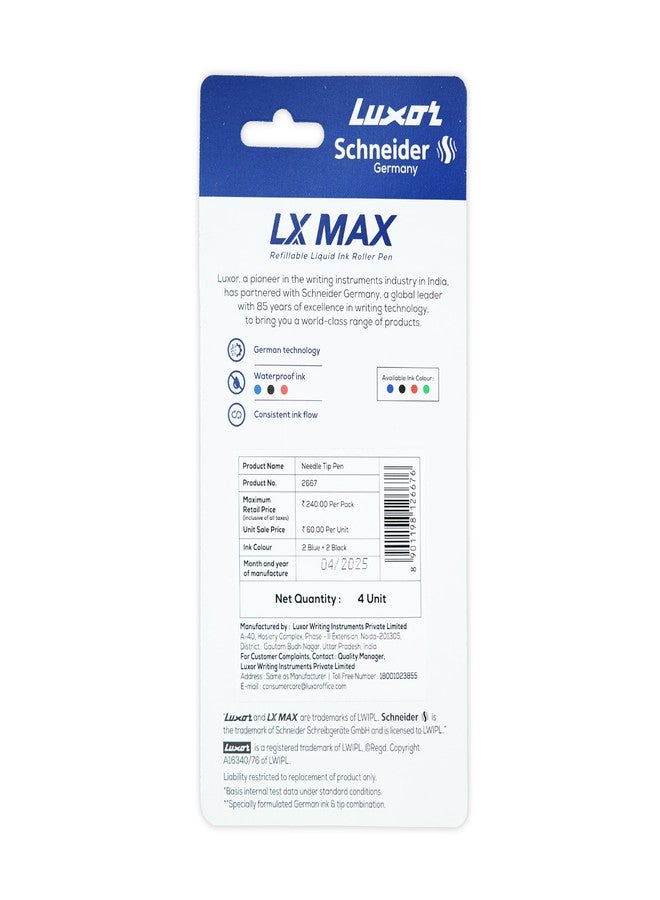 الأقصر قلم حبر جاف لوكسور شنايدر LX MAX، عبوة من 4 أقلام، 2 أزرق + 2 أسود، رأس إبرة، 0.5 مم، تكنولوجيا ألمانية 100%، طول كتابة يزيد عن 1000 متر، حبر مقاوم للماء، مثالي للطلاب والمهنيين - Image 4