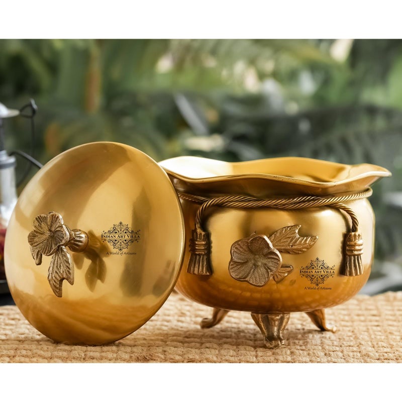 INDIAN ART VILLA Pure Brass Ribbon Bow Design Design Handi/Casserole with Designer Lid and 3 Legs, Serveware, Volume - 300 ML - Image 3