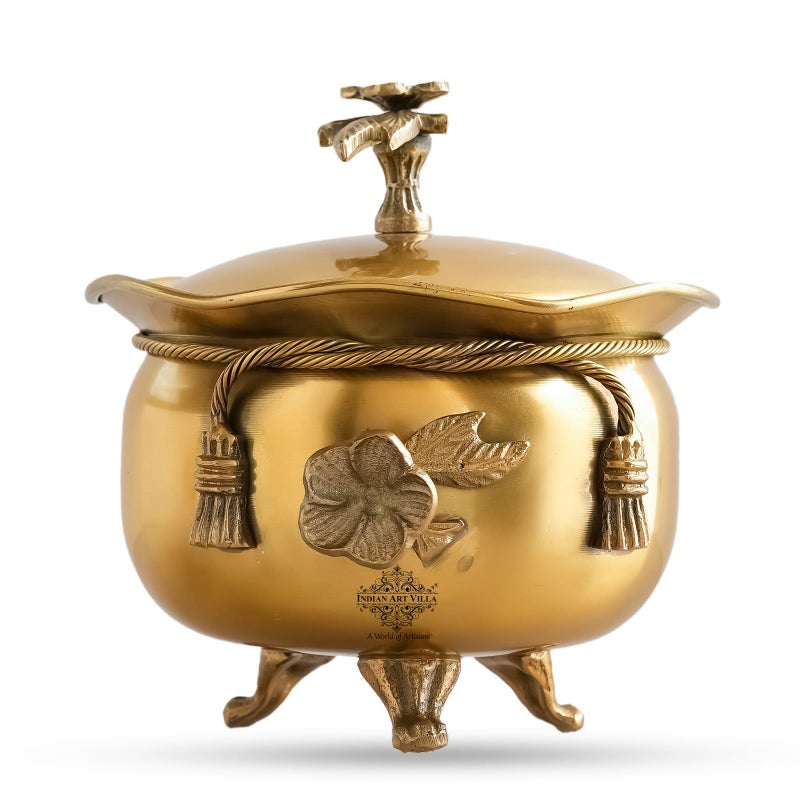 INDIAN ART VILLA Pure Brass Ribbon Bow Design Design Handi/Casserole with Designer Lid and 3 Legs, Serveware, Volume - 300 ML - Image 1