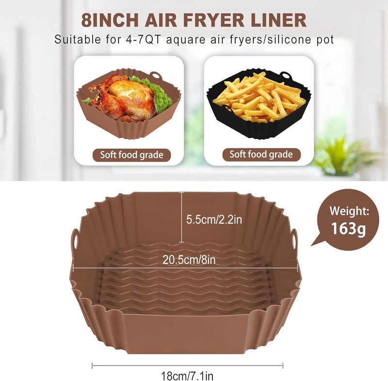 Boribim 2 PCS Square Silicone Air Fryer Liners - 8 Inch Reusable Air Fryer Pot - Air Fryer Accessories - Air Fryer Inserts for 4 to 7 QT Oven Microwave Accessories (Black + Brown) - Image 2