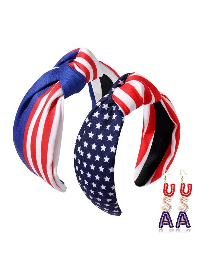 HSWE American Flag Knotted Headbands for Women 4th of July Patriotic Hairbands Stars Stripes Independence Day Headpiece Red White Blue Wide Top Knot Hair Hoop - Image 1